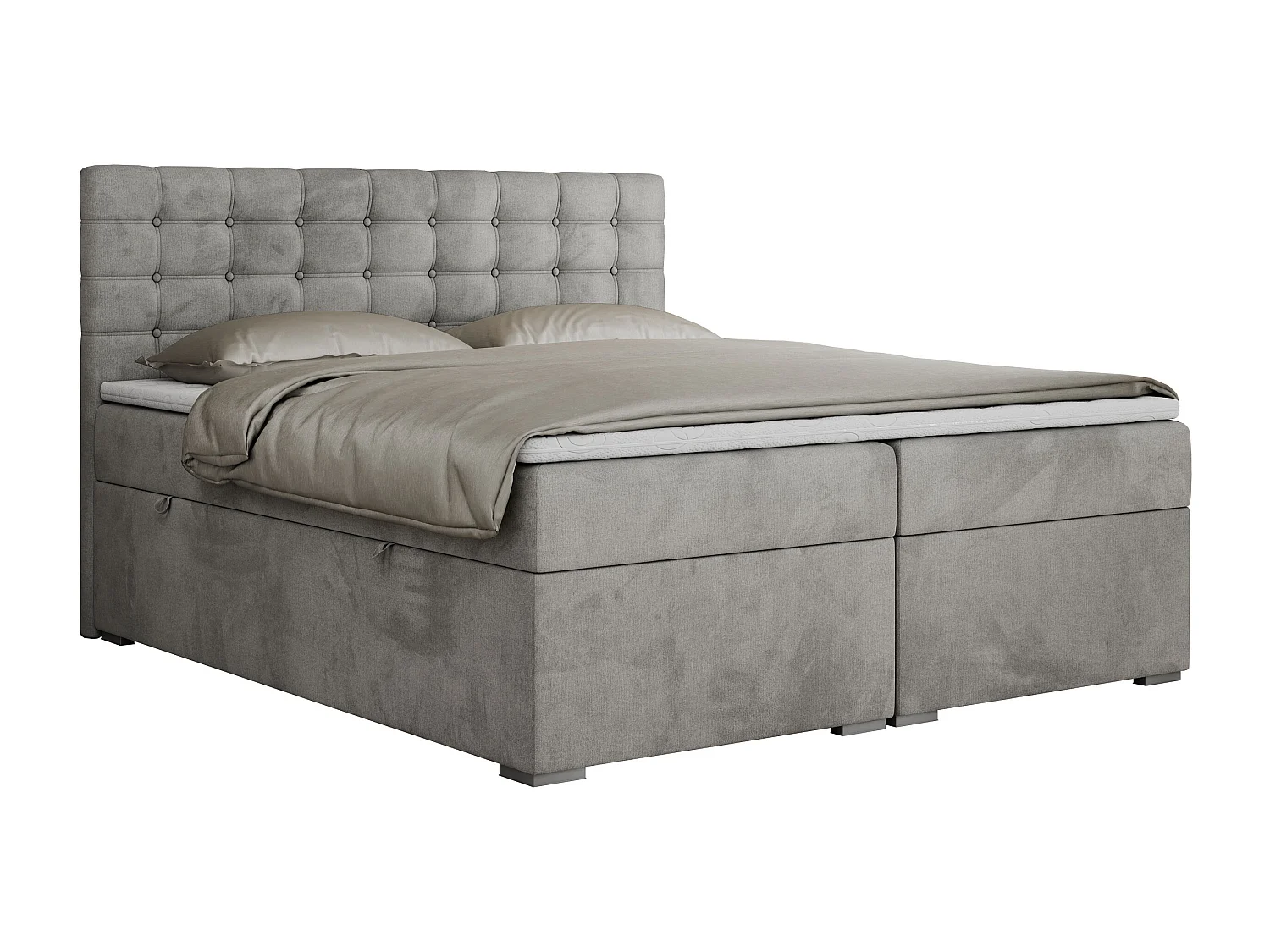 Boxspringbett SUSAN - mit gestepptem Kopfteil, zwei Bettkästen und Topper, gepolstertes Schlafzimmerbett - 180x200 cm - H3 - Hellgrau Velvet
