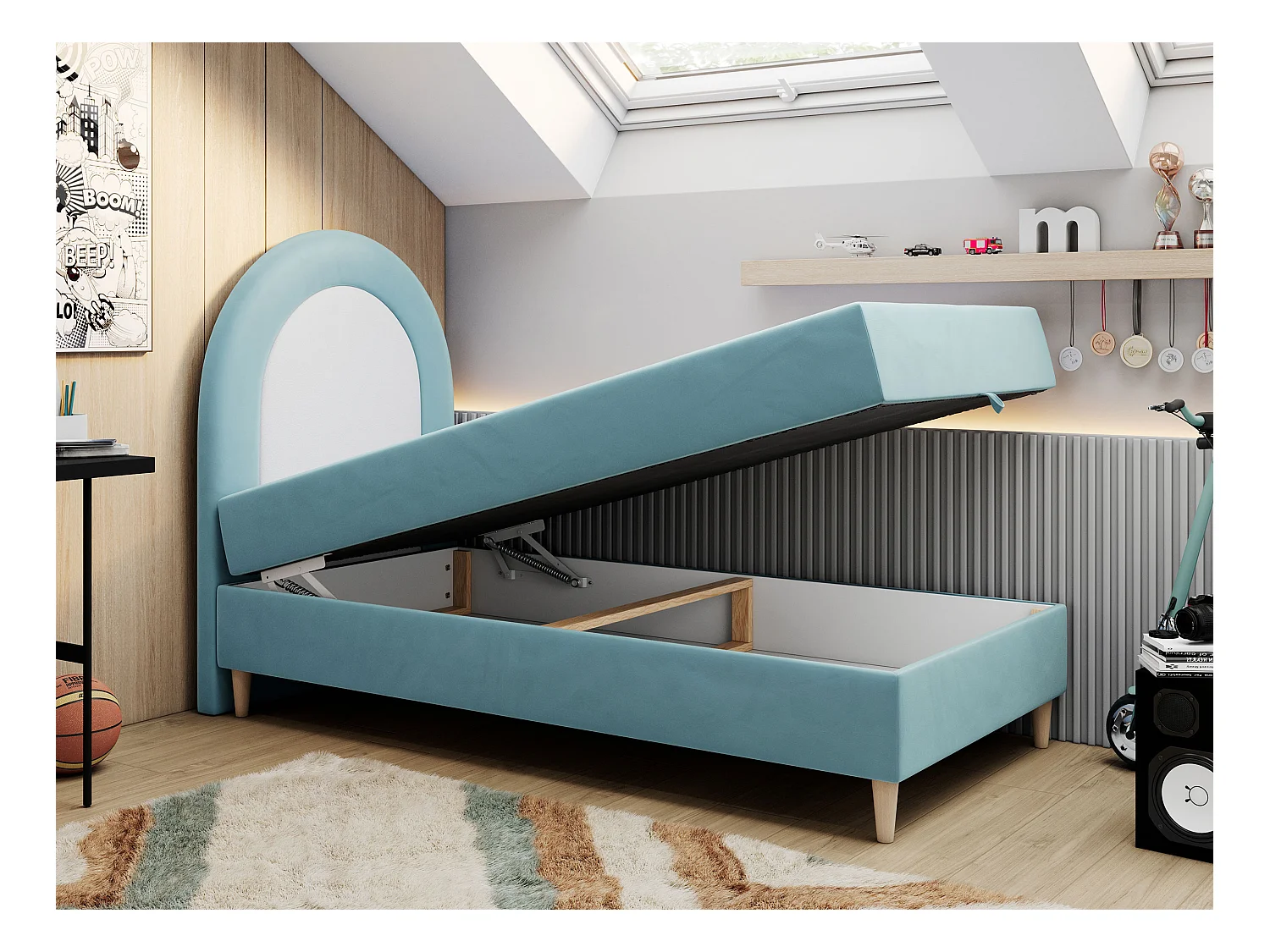 Kinderbett NEST - Boxspringbett für Kinder, mit hohem Kopfteil, Einzelbett mit Stauraum und Matratze - 90x180 cm - Blau Velvet