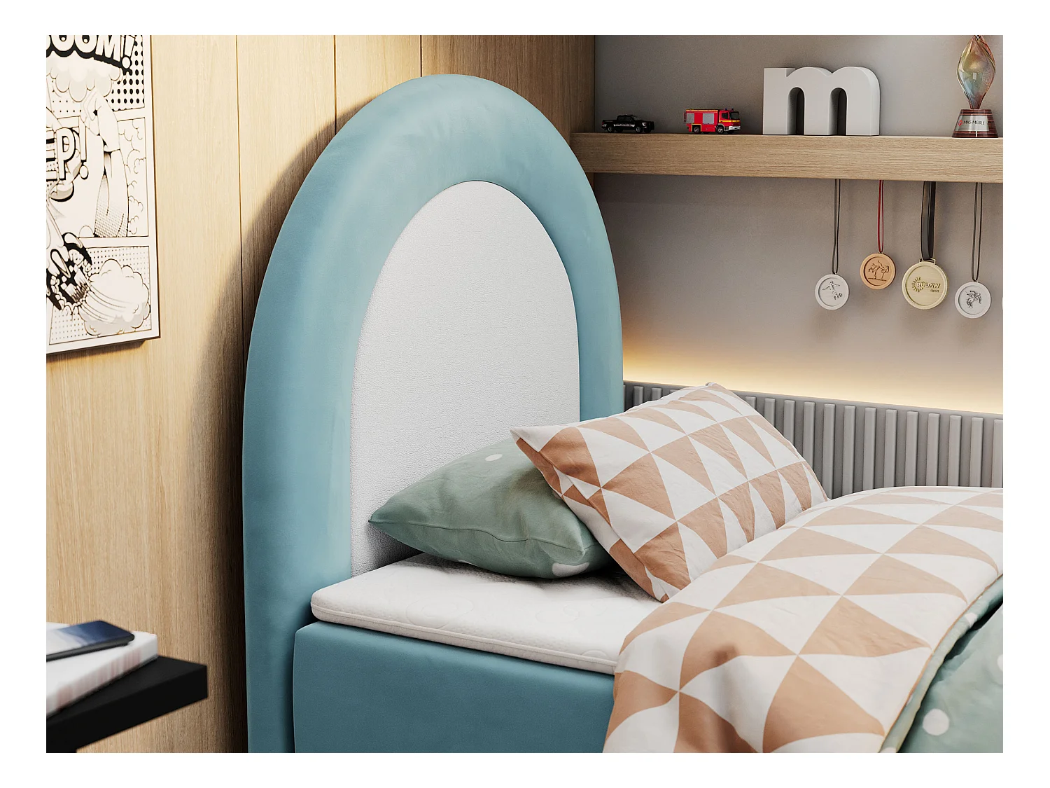 Kinderbett NEST - Boxspringbett für Kinder, mit hohem Kopfteil, Einzelbett mit Stauraum und Matratze - 90x180 cm - Blau Velvet