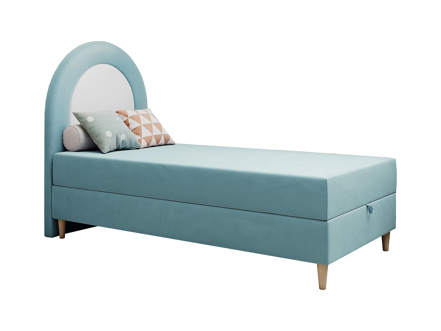 Kinderbett NEST - Boxspringbett für Kinder, mit hohem Kopfteil, Einzelbett mit Stauraum und Matratze - 90x180 cm - Blau Velvet