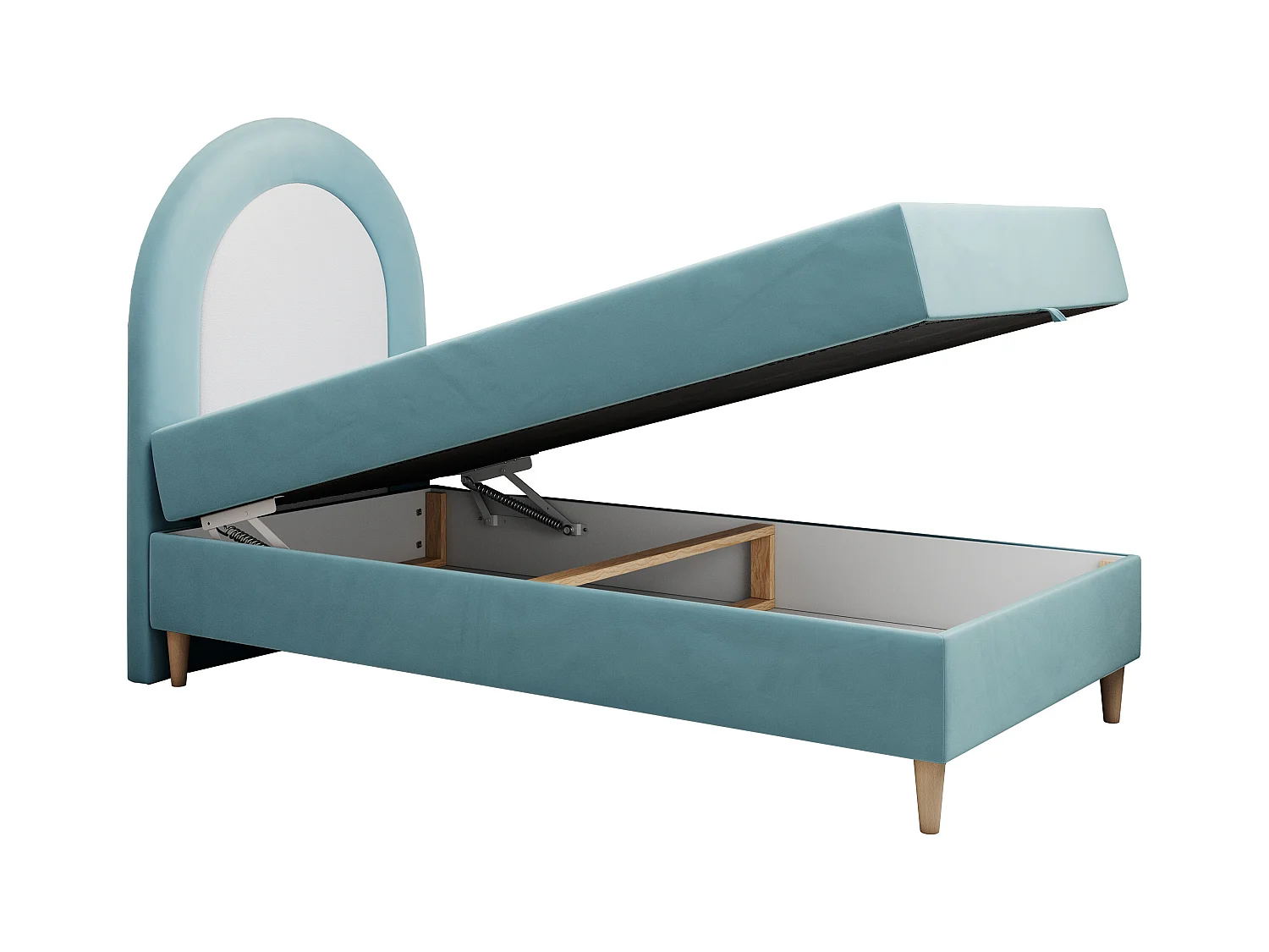 Kinderbett NEST - Boxspringbett für Kinder, mit hohem Kopfteil, Einzelbett mit Stauraum und Matratze - 90x180 cm - Blau Velvet