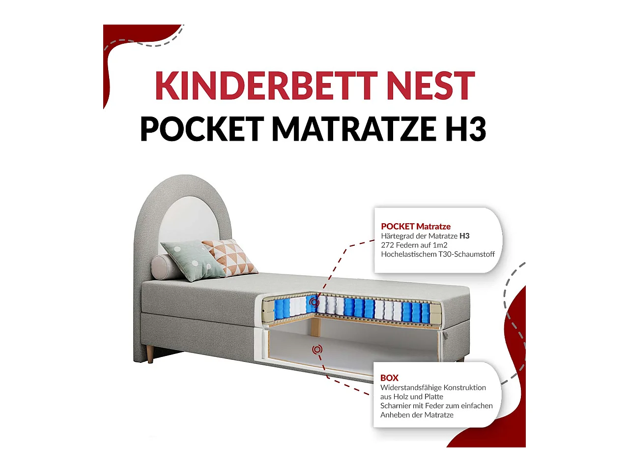 Kinderbett NEST - Boxspringbett für Kinder, mit hohem Kopfteil, Einzelbett mit Stauraum und Matratze - 90x180 cm - Blau Velvet