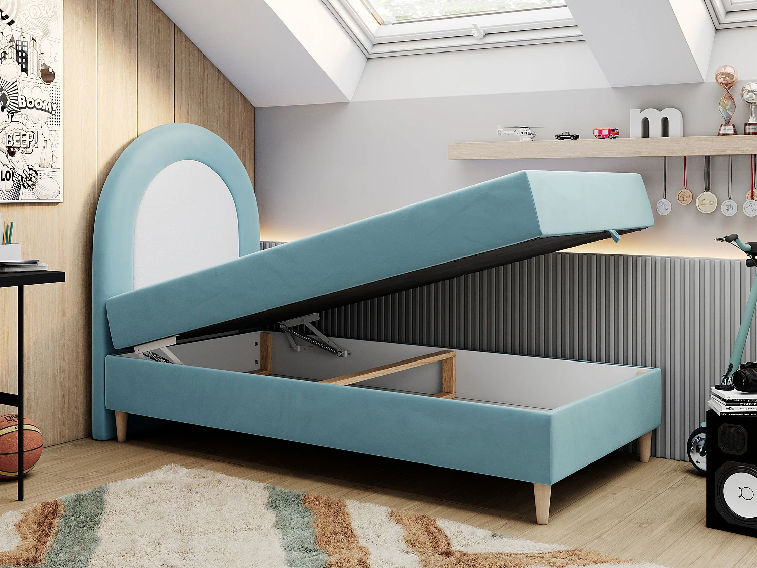 Kinderbett NEST - Boxspringbett für Kinder, mit hohem Kopfteil, Einzelbett mit Stauraum und Matratze - 90x180 cm - Blau Velvet