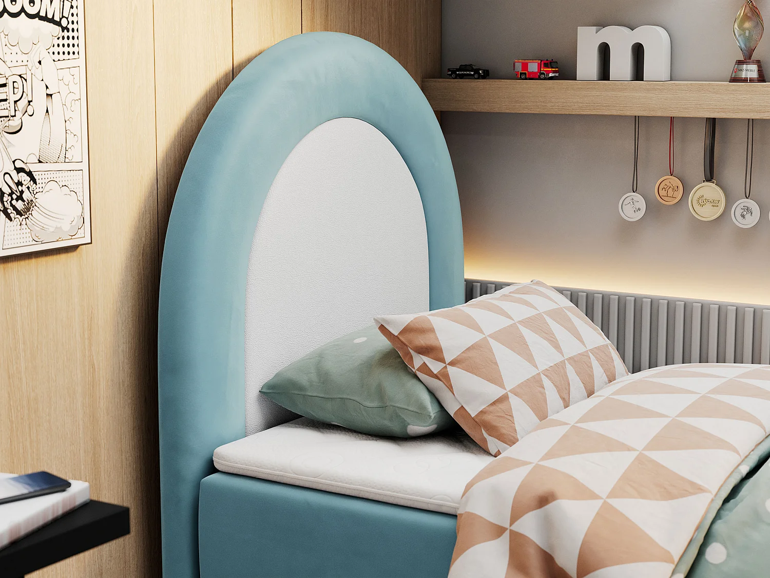 Kinderbett NEST - Boxspringbett für Kinder, mit hohem Kopfteil, Einzelbett mit Stauraum und Matratze - 90x180 cm - Blau Velvet