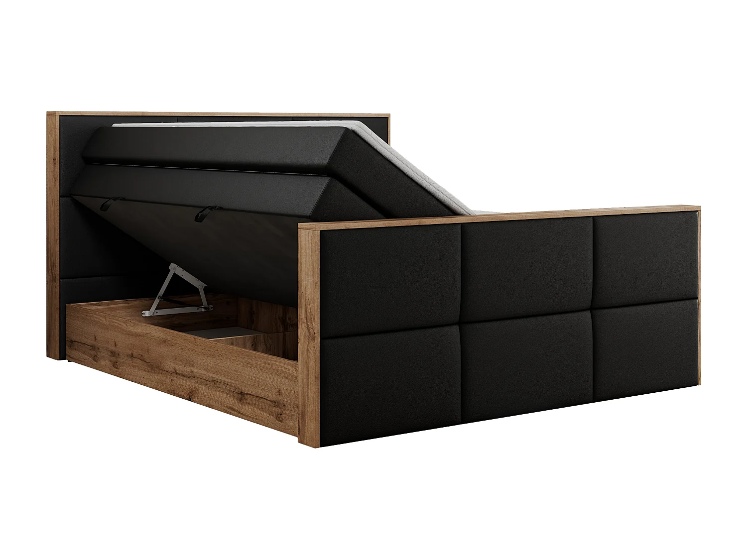 Boxspringbett ALBERO 2 KING DUO - Eiche Wotan Holzrahmen, zwei Multipocket-Matratzen, Bettkästen - 160x200 cm - H4 - Schwarz Kunstleder