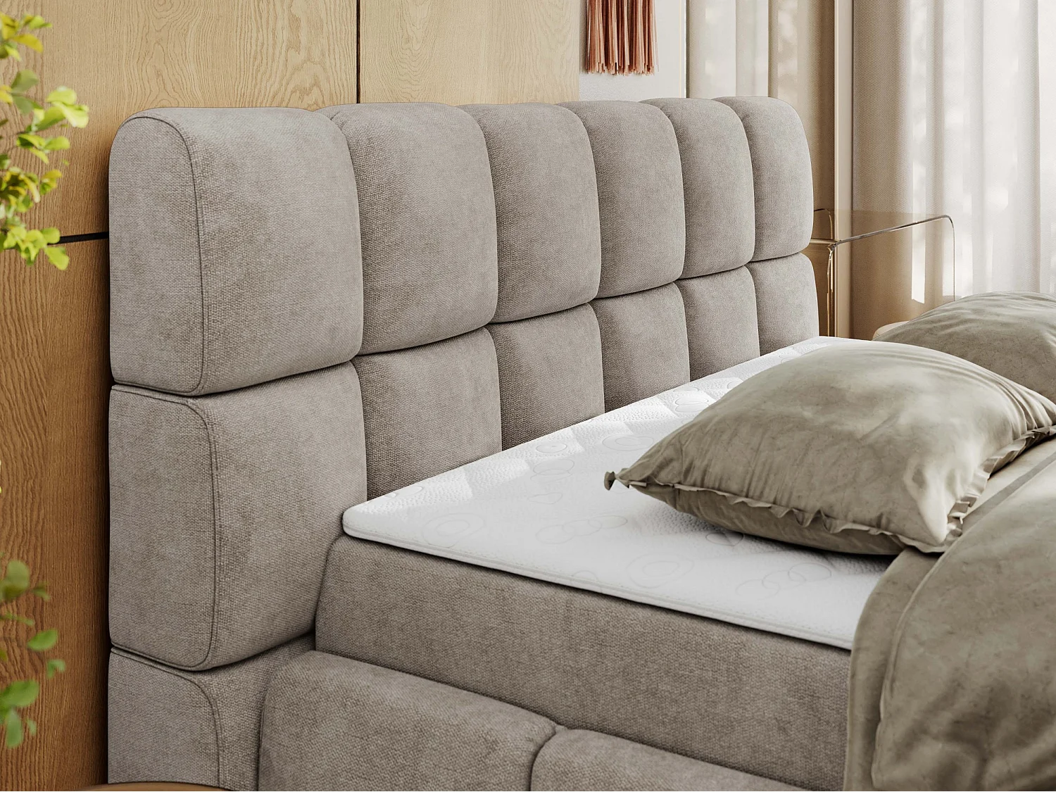 Boxspringbett NIRA - dekorativ kopfteil, Bettkästen und Multipocket-Matratze, Doppelbett für Schlafzimmer - 200x200 cm - H4 - Beige Strukture