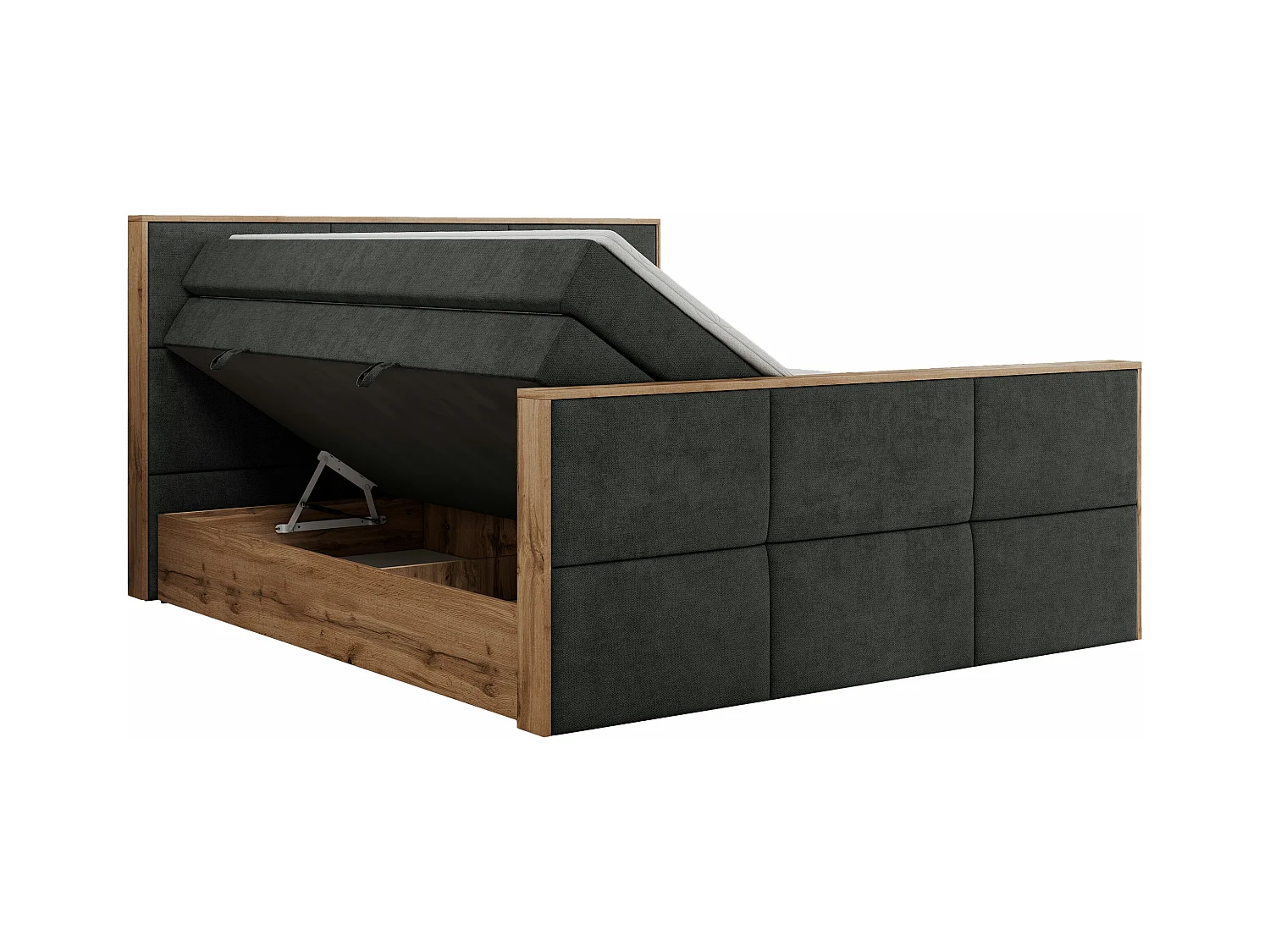 Boxspringbett ALBERO 2 KING DUO - Eiche Wotan Holzrahmen, zwei Multipocket-Matratzen, Bettkästen - 140x200 cm - H3 - Dunkelgrau Strukture
