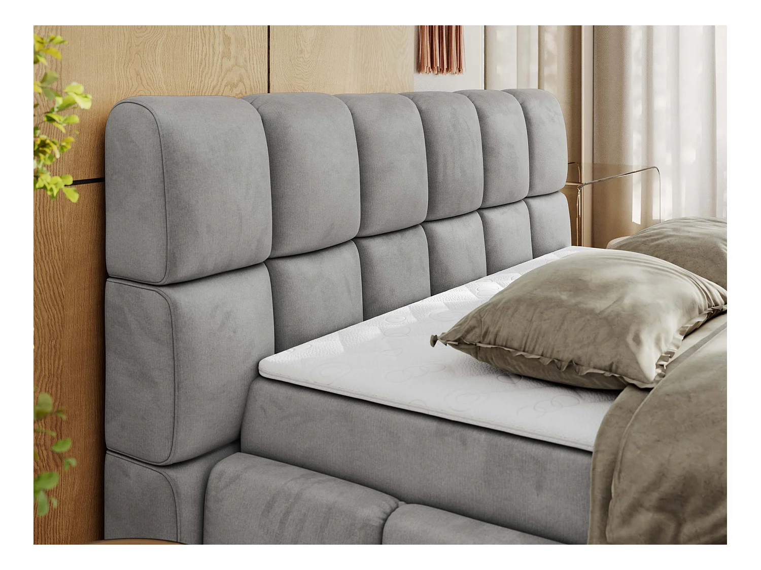 Boxspringbett NIRA - dekorativ kopfteil, Bettkästen und Multipocket-Matratze, Doppelbett für Schlafzimmer - 140x200 cm - H3 - Hellgrau Velvet