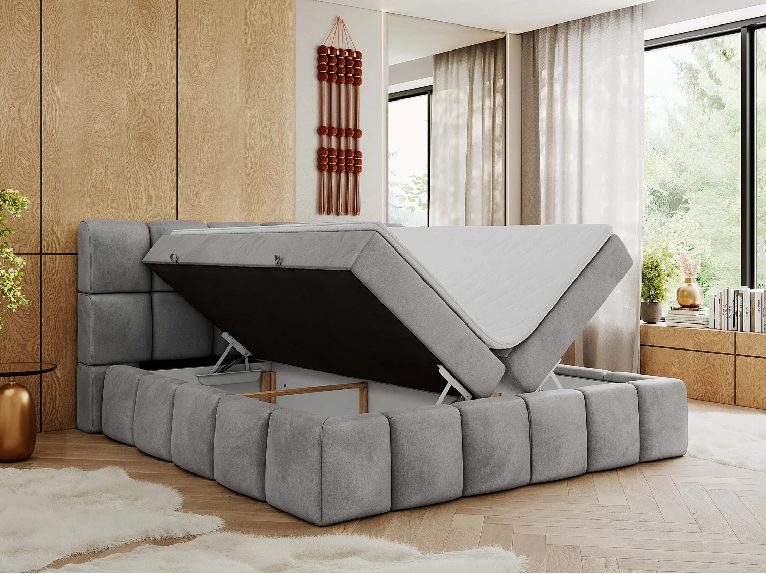 Boxspringbett NIRA - dekorativ kopfteil, Bettkästen und Multipocket-Matratze, Doppelbett für Schlafzimmer - 140x200 cm - H3 - Hellgrau Velvet