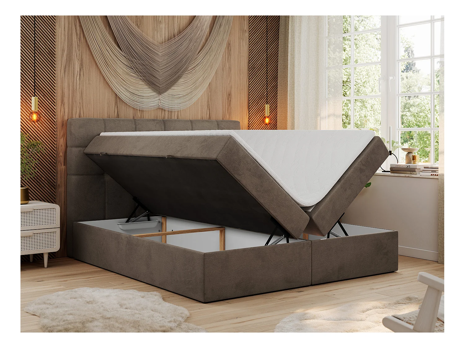 Boxspringbett ERNI - mit gestepptem Kopfteil, Polsterbett, Multipocket-Matratze und Topper, Bettkästen - 140x200 cm - H4 - Braun Velvet