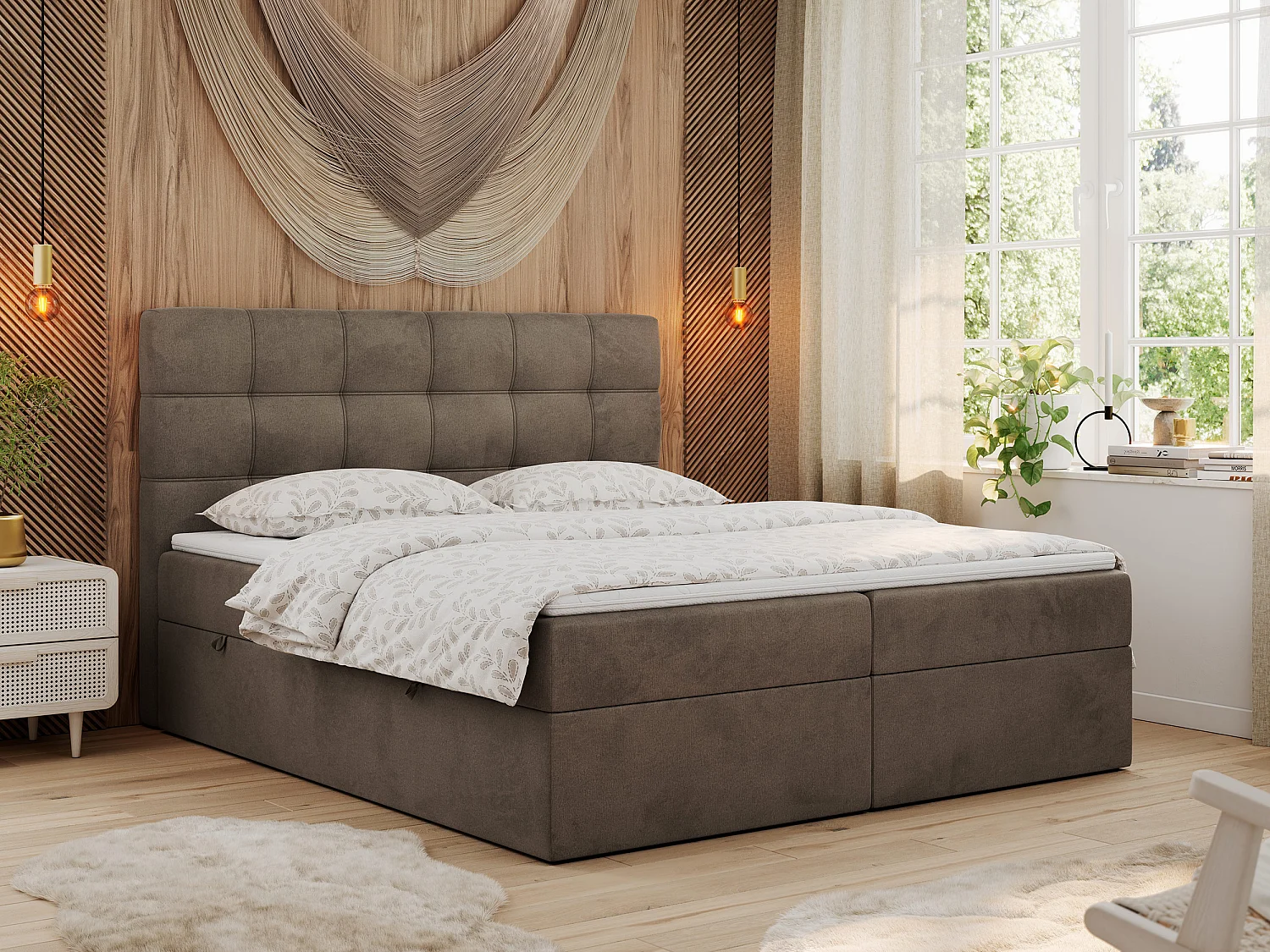 Boxspringbett ERNI - mit gestepptem Kopfteil, Polsterbett, Multipocket-Matratze und Topper, Bettkästen - 140x200 cm - H4 - Braun Velvet