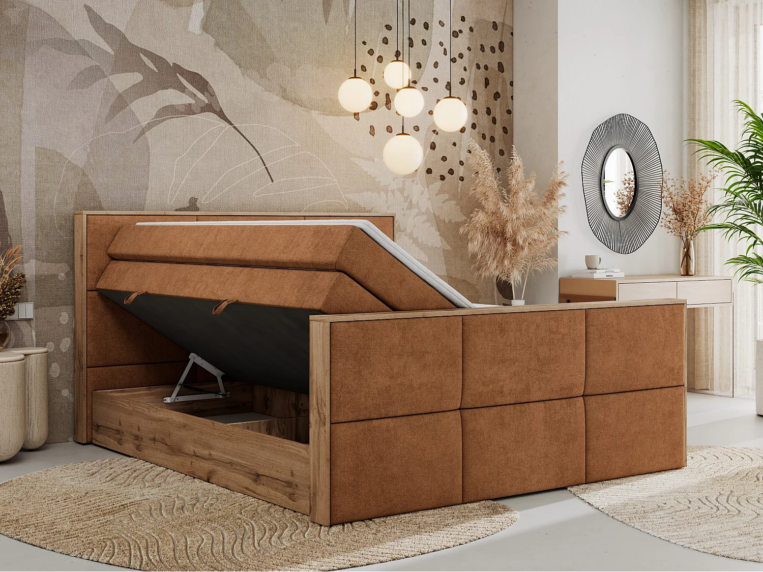 Boxspringbett ALBERO 2 KING DUO - Eiche Wotan Holzrahmen, zwei Multipocket-Matratzen, Bettkästen - 160x200 cm - H3 - Orange Strukture