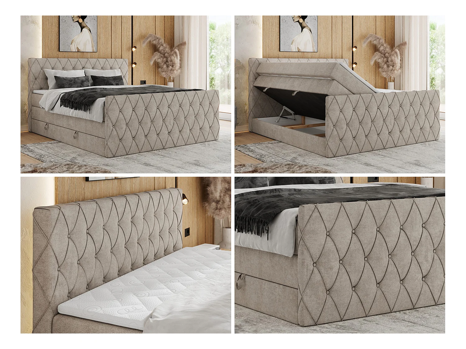 Boxspringbett MIREN KING DUO - für Schlafzimmer mit zwei Multipocket-Matratzen und Topper, gestepptes Kopfteil und Front  - 120x200 cm - H3 - Beige Strukture