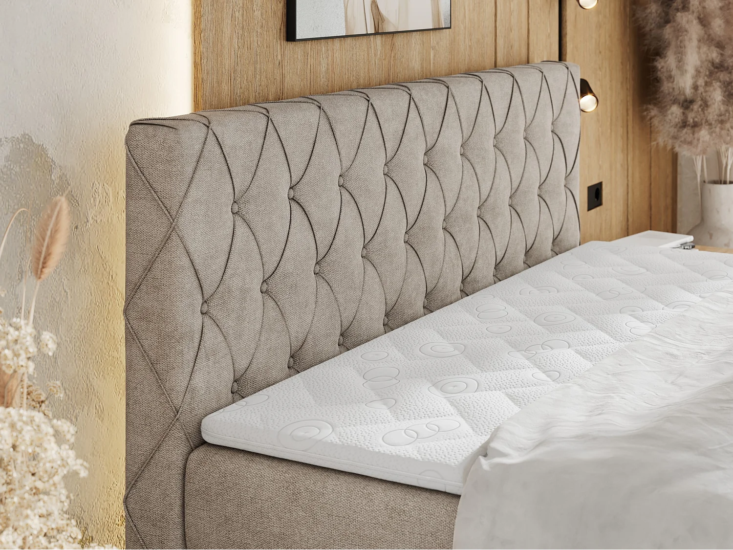 Boxspringbett MIREN KING DUO - für Schlafzimmer mit zwei Multipocket-Matratzen und Topper, gestepptes Kopfteil und Front  - 120x200 cm - H3 - Beige Strukture