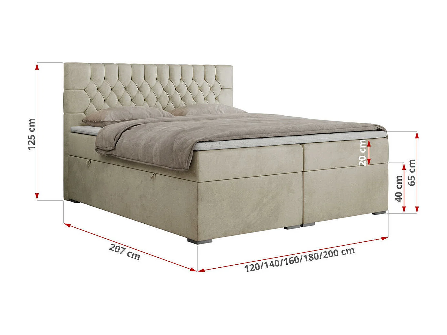 Boxspringbett PERA - gesteppte Kopfstütze, Multipocket-Matratze und Topper, Doppelbett mit Stauraum - 200x200 cm - H3 - Beige Velvet
