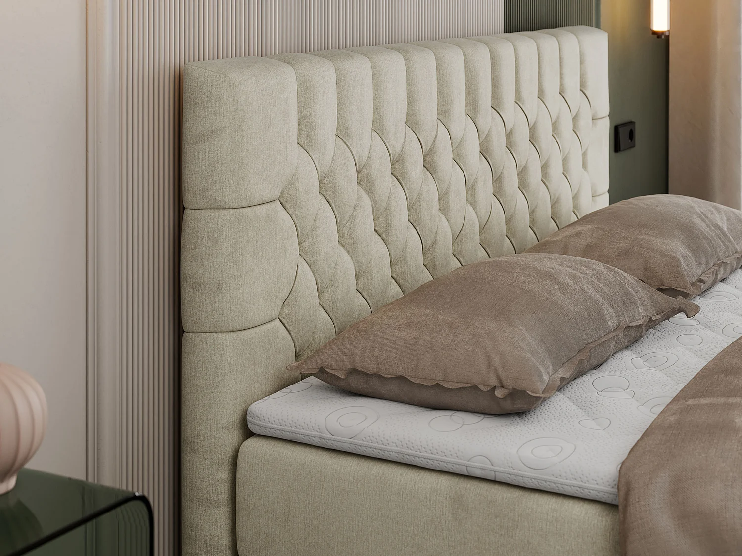 Boxspringbett PERA - gesteppte Kopfstütze, Multipocket-Matratze und Topper, Doppelbett mit Stauraum - 200x200 cm - H3 - Beige Velvet