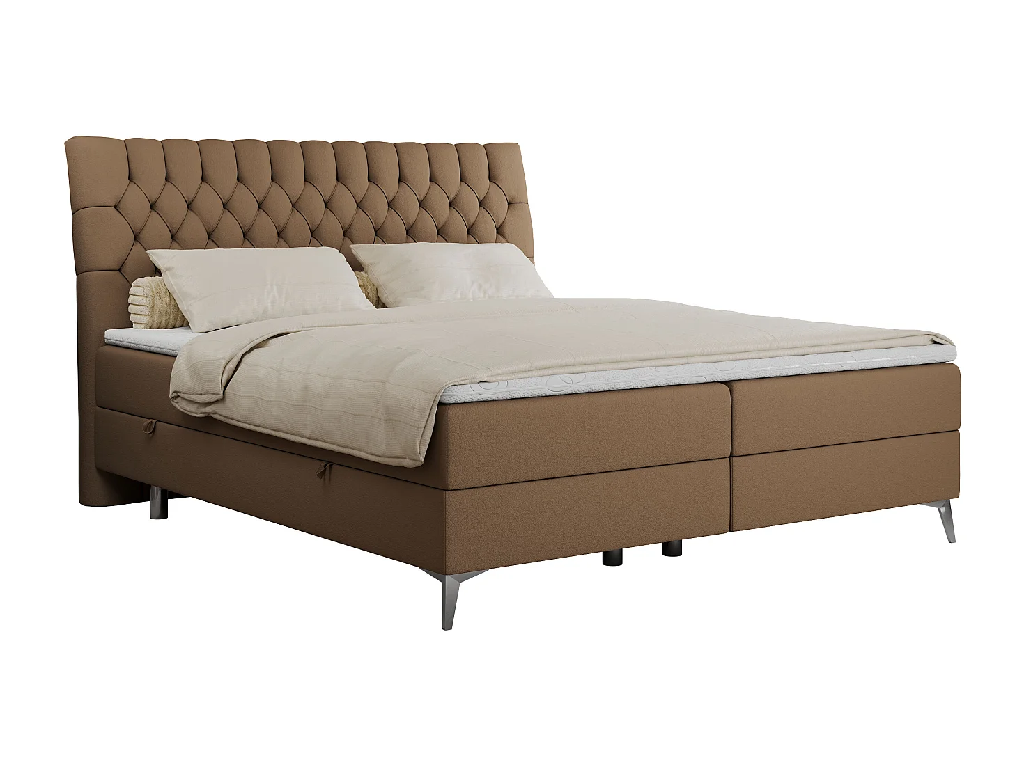 Boxspringbett MILEN - gepolstertes Schlafzimmerbett, zwei Multipocket-Matratze, dekorative hohe Beine - 120x200 cm - H3 - Braun Kunstleder