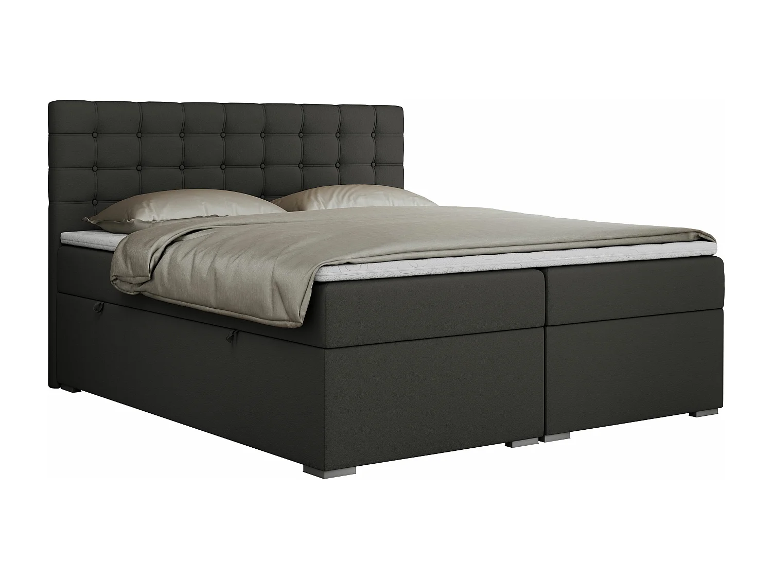 Boxspringbett SUSAN - mit gestepptem Kopfteil, zwei Bettkästen und Topper, gepolstertes Schlafzimmerbett - 200x200 cm - H3 - Dunkelgrau Kunstleder