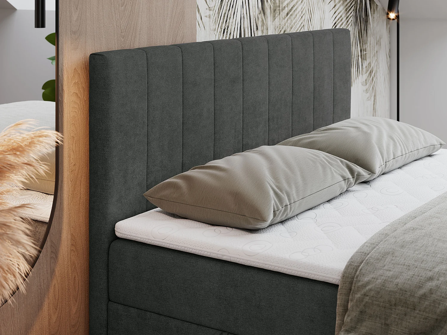 Boxspringbett LOPE - genähtes Kopfteil, Doppelbett mit Stauraum, Multipocket-Matratze, Topper - 160x200 cm - H4 - Dunkelgrau Strukture