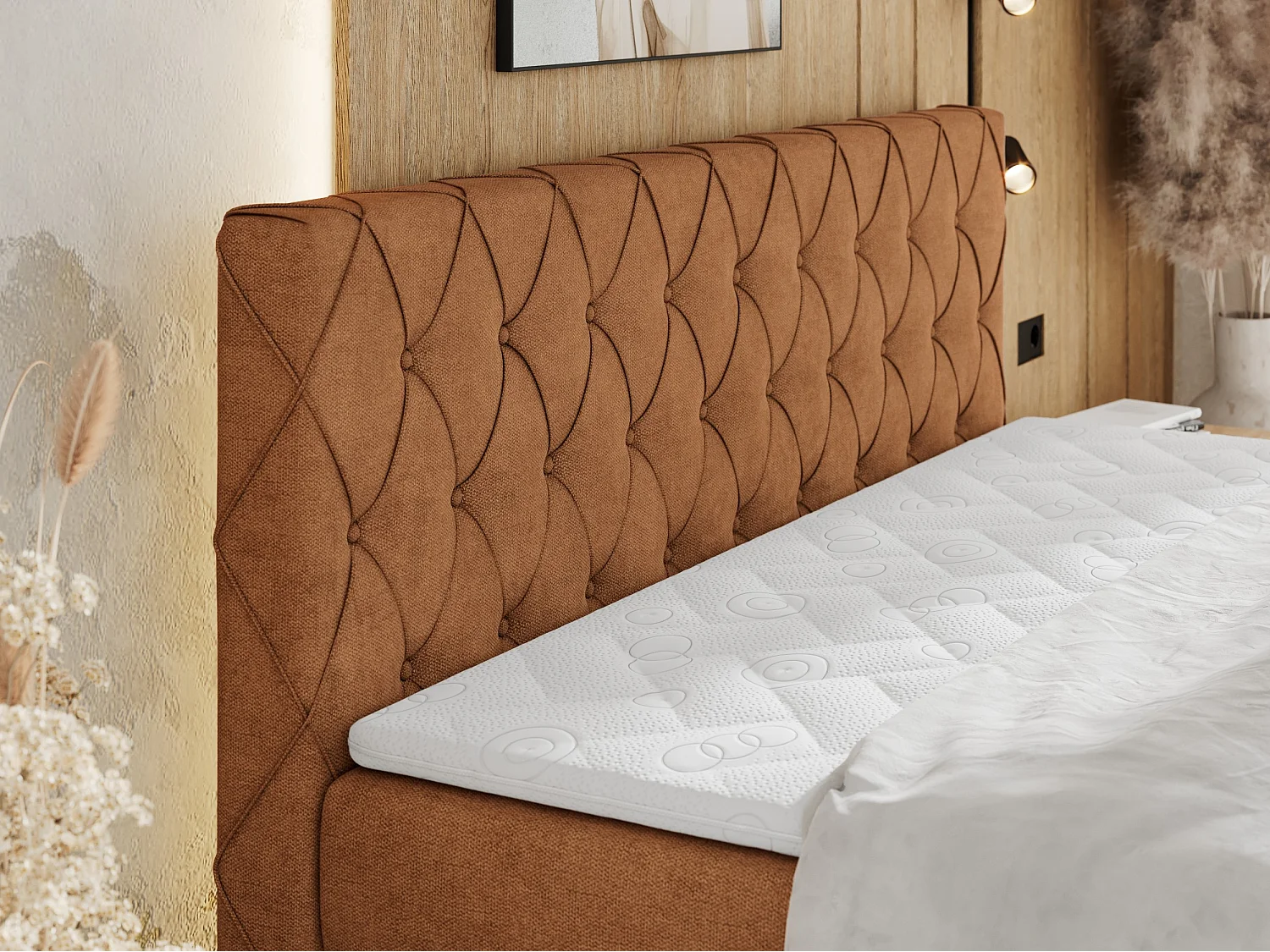 Boxspringbett MIREN KING DUO - für Schlafzimmer mit zwei Multipocket-Matratzen und Topper, gestepptes Kopfteil und Front  - 160x200 cm - H3 - Orange Strukture