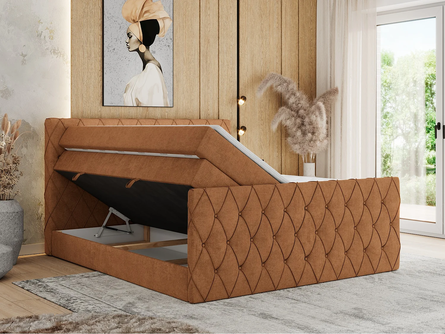 Boxspringbett MIREN KING DUO - für Schlafzimmer mit zwei Multipocket-Matratzen und Topper, gestepptes Kopfteil und Front  - 160x200 cm - H3 - Orange Strukture