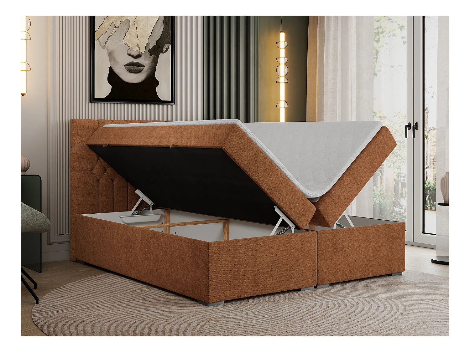 Boxspringbett PERA - gesteppte Kopfstütze, Multipocket-Matratze und Topper, Doppelbett mit Stauraum - 180x200 cm - H4 - Orange Strukture