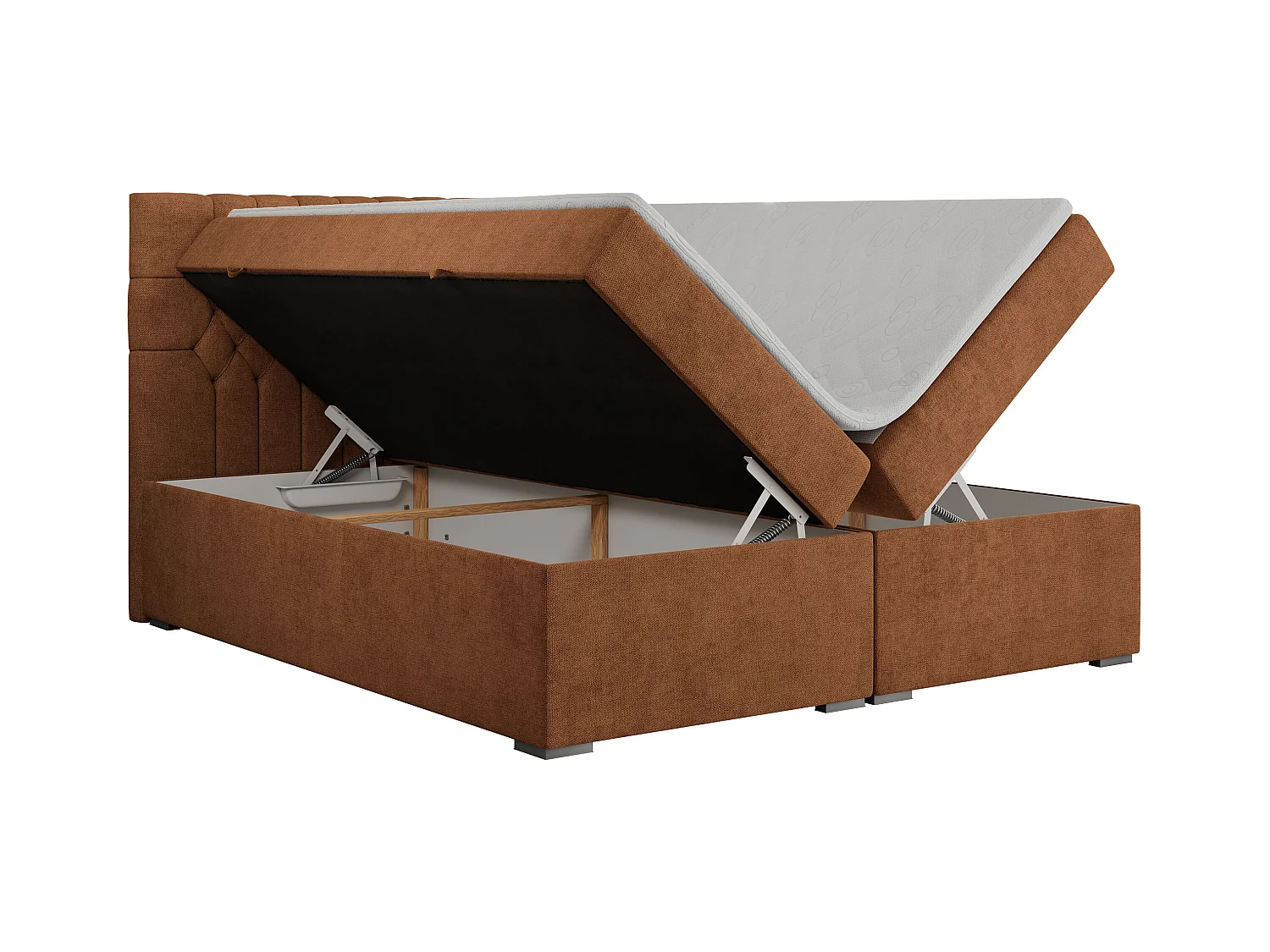 Boxspringbett PERA - gesteppte Kopfstütze, Multipocket-Matratze und Topper, Doppelbett mit Stauraum - 180x200 cm - H4 - Orange Strukture