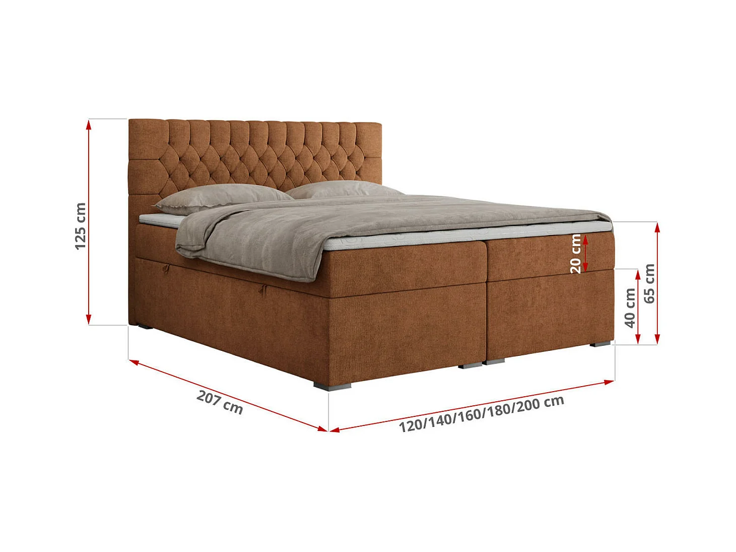 Boxspringbett PERA - gesteppte Kopfstütze, Multipocket-Matratze und Topper, Doppelbett mit Stauraum - 180x200 cm - H4 - Orange Strukture