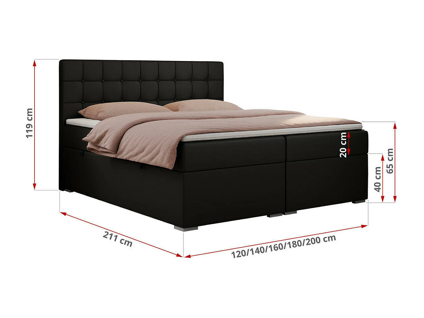 Boxspringbett CARMEN - Polsterbett mit zwei Bettkästen, gesteppte Kopfstütze, Multipocket-Matratze - 180x200 cm - H4 - Schwarz Kunstleder