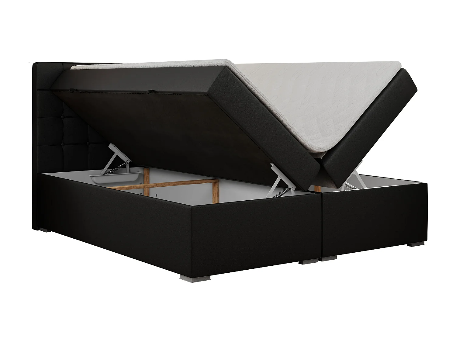 Boxspringbett CARMEN - Polsterbett mit zwei Bettkästen, gesteppte Kopfstütze, Multipocket-Matratze - 180x200 cm - H4 - Schwarz Kunstleder