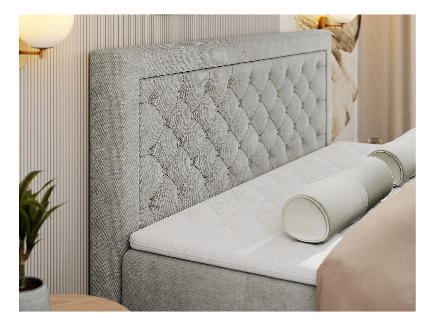 Boxspringbett JASIR - mit gestepptem Kopfteil, Doppelbett für Schlafzimmer, Multipocket-Matratze, Stauraum - 180x200 cm - H3 - Hellgrau Strukture