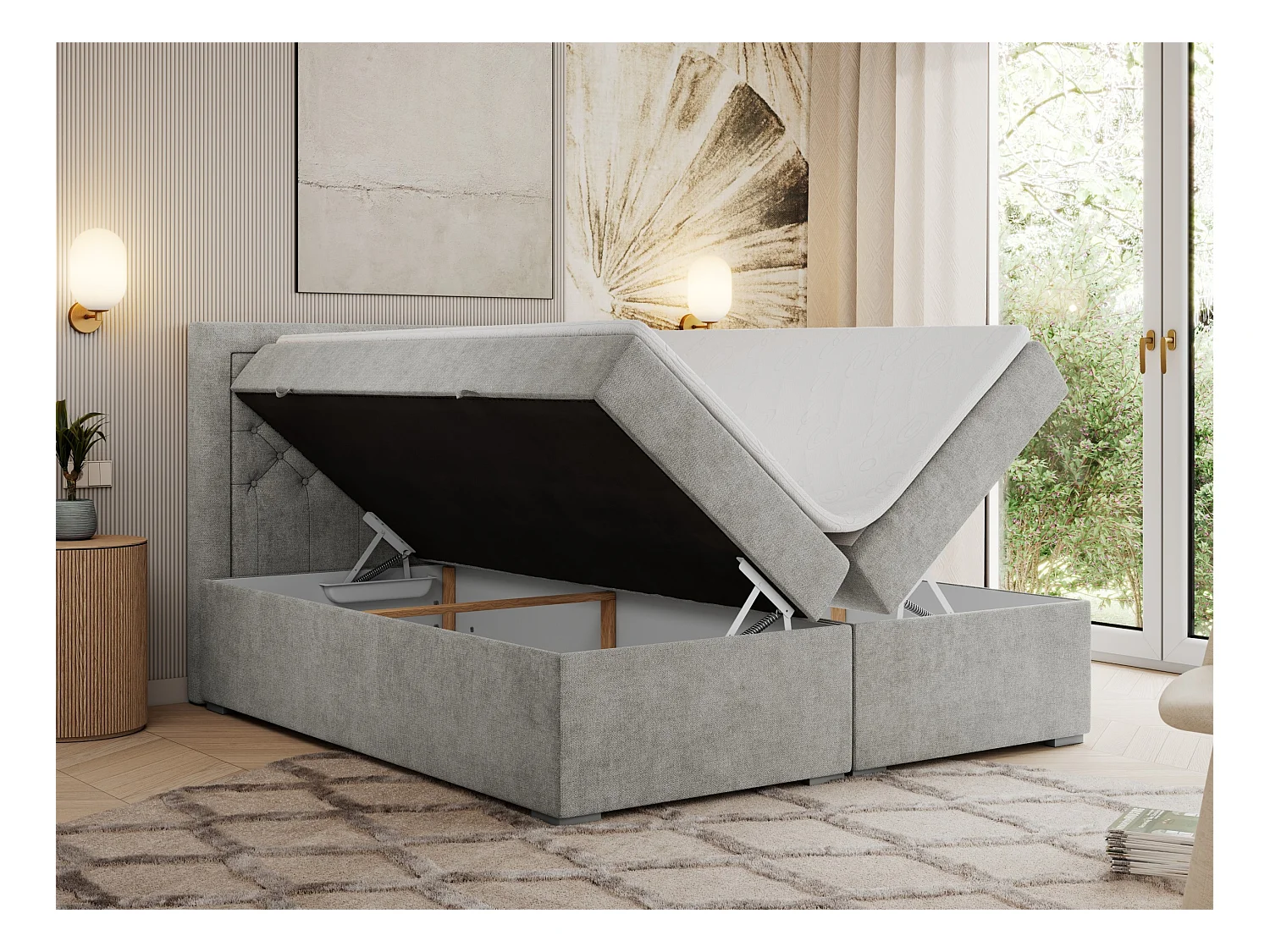Boxspringbett JASIR - mit gestepptem Kopfteil, Doppelbett für Schlafzimmer, Multipocket-Matratze, Stauraum - 180x200 cm - H3 - Hellgrau Strukture