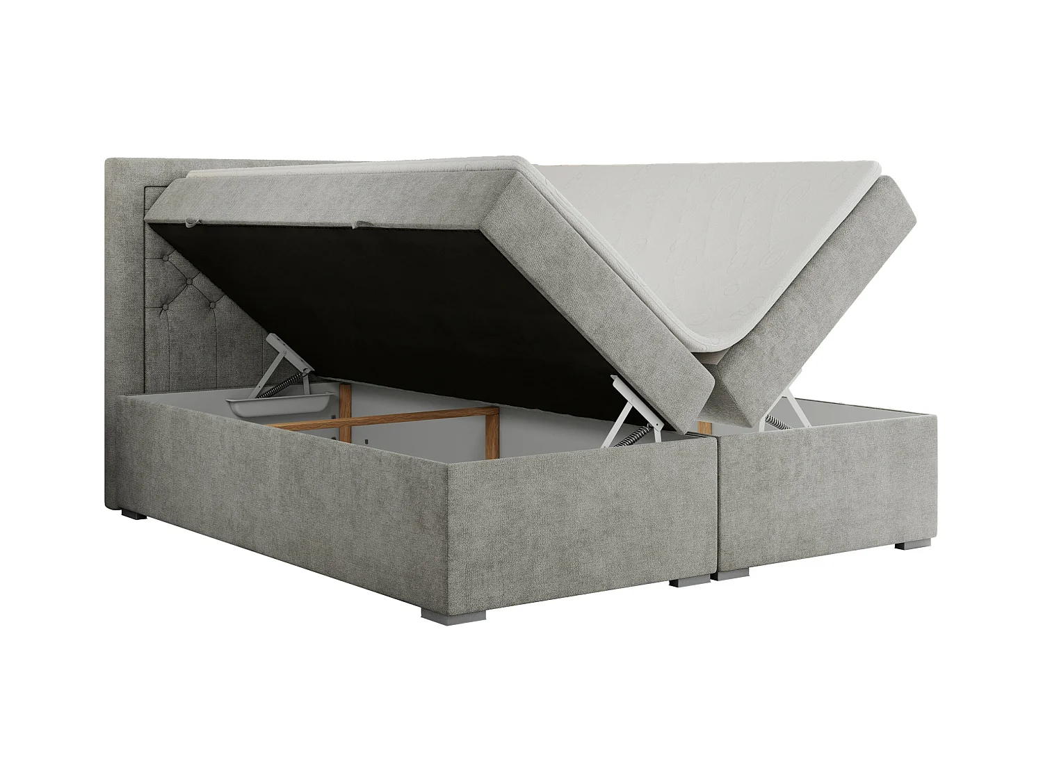 Boxspringbett JASIR - mit gestepptem Kopfteil, Doppelbett für Schlafzimmer, Multipocket-Matratze, Stauraum - 180x200 cm - H3 - Hellgrau Strukture