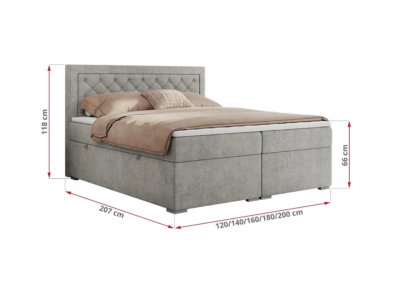 Boxspringbett JASIR - mit gestepptem Kopfteil, Doppelbett für Schlafzimmer, Multipocket-Matratze, Stauraum - 180x200 cm - H3 - Hellgrau Strukture