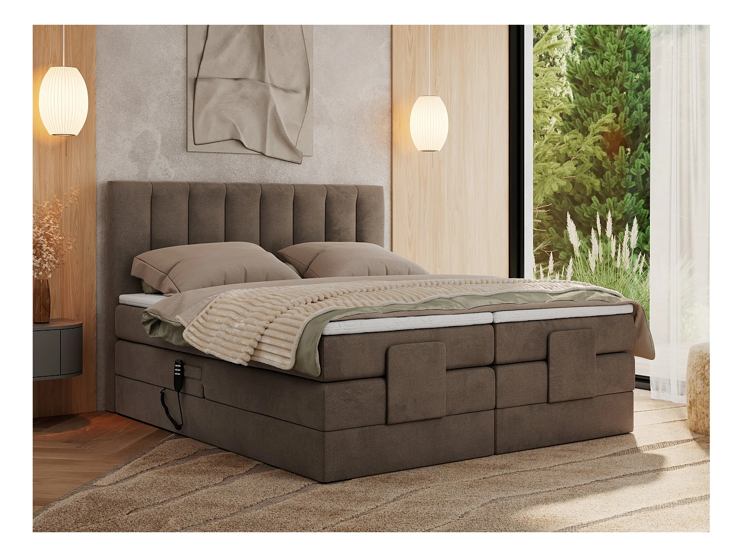 Boxspringbett COMFORTO - Doppelbett, Elektrisch verstellbare, Multipocket-Matratzen und Topper, genähtes Kopfteil - 140x200 cm - H3 - Braun Velvet