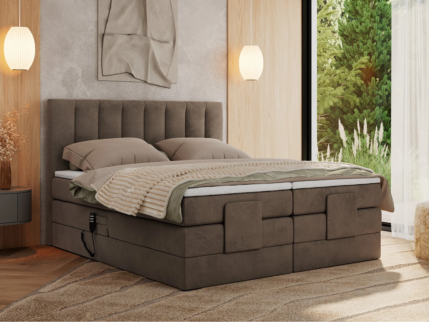 Boxspringbett COMFORTO - Doppelbett, Elektrisch verstellbare, Multipocket-Matratzen und Topper, genähtes Kopfteil - 140x200 cm - H3 - Braun Velvet