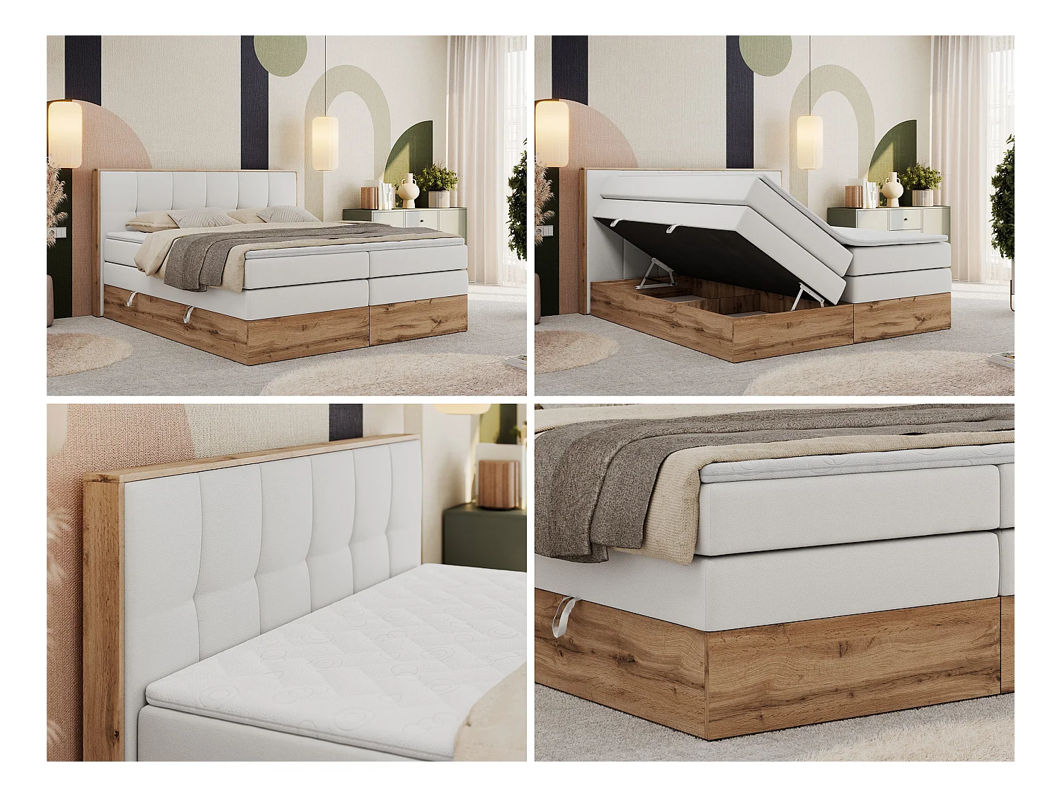 Boxspringbett ALBERO 1 KING - zwei 7 Härtezonen Multipocket-Matratzen, Doppelbett mit Stauraum, Eiche Wotan Holzrahmen - 140x200 cm - H3 - Weiß Kunstleder