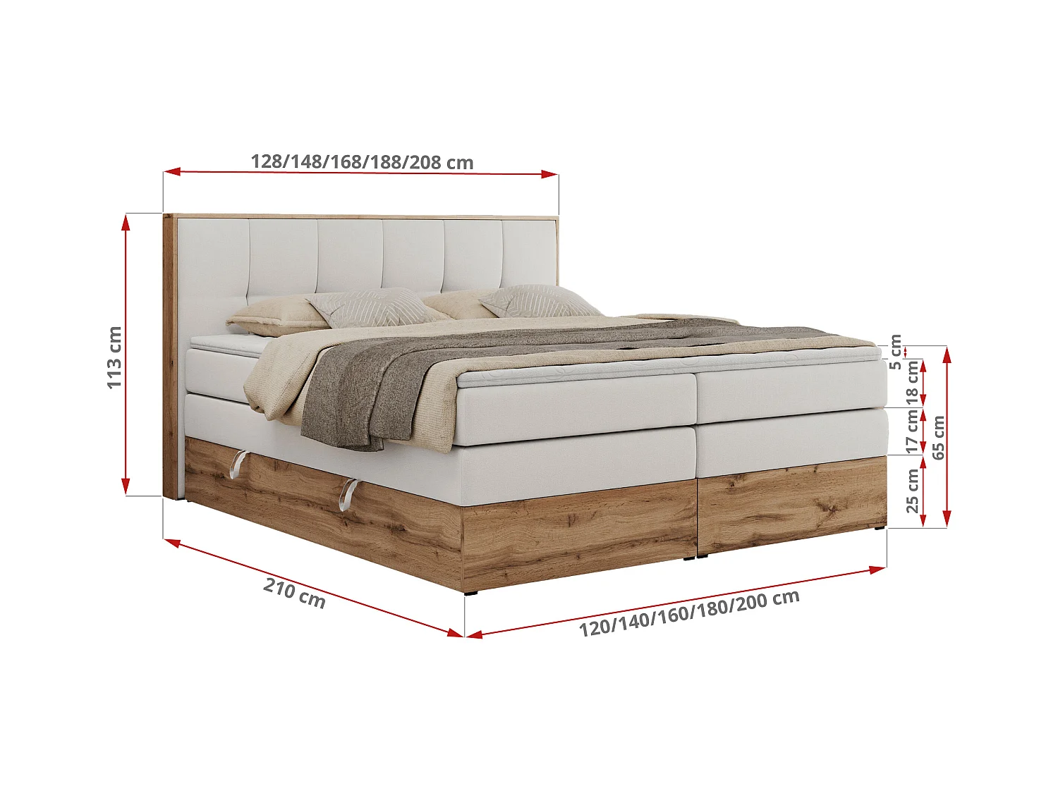 Boxspringbett ALBERO 1 KING - zwei 7 Härtezonen Multipocket-Matratzen, Doppelbett mit Stauraum, Eiche Wotan Holzrahmen - 140x200 cm - H3 - Weiß Kunstleder