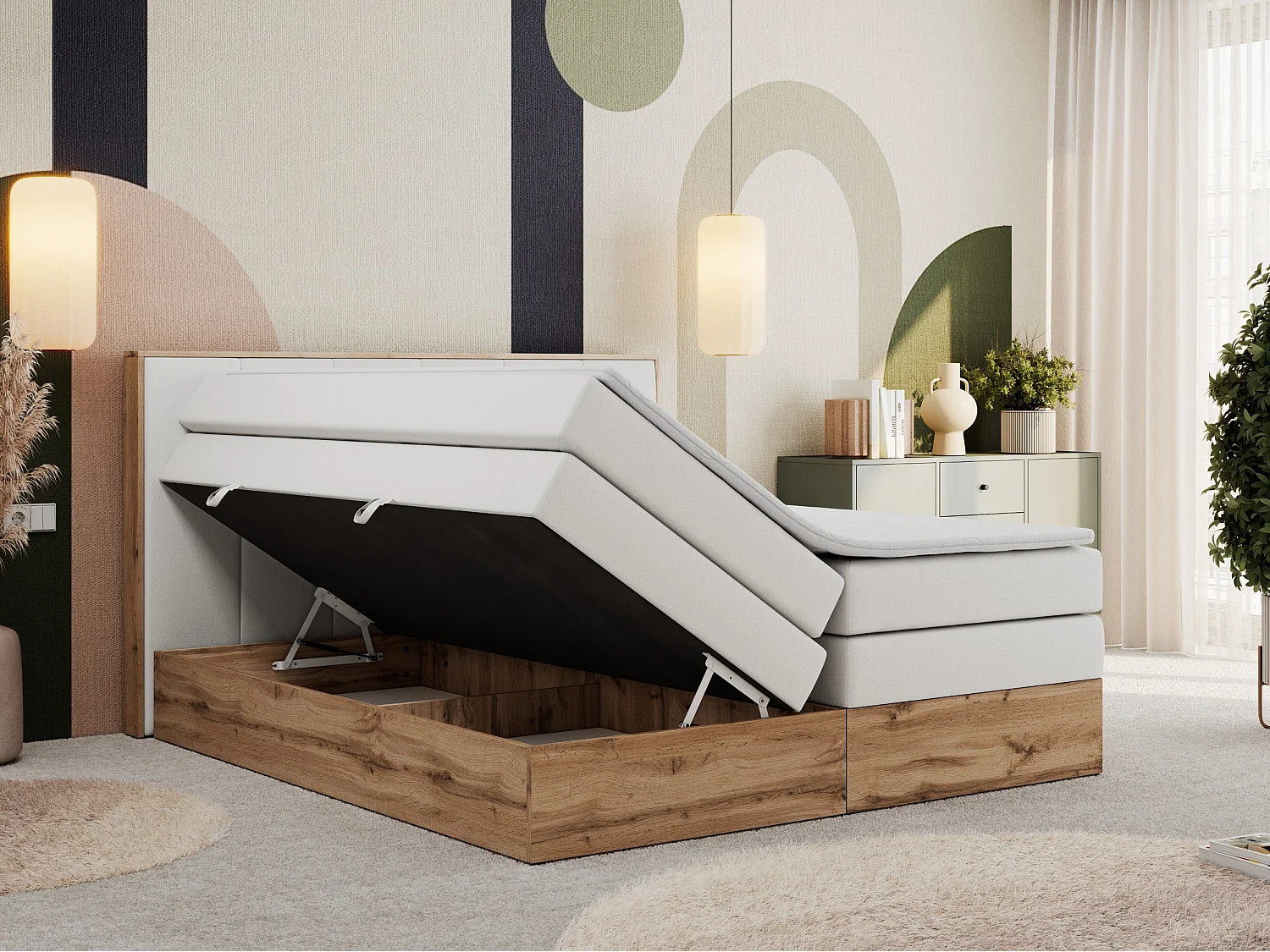 Boxspringbett ALBERO 1 KING - zwei 7 Härtezonen Multipocket-Matratzen, Doppelbett mit Stauraum, Eiche Wotan Holzrahmen - 140x200 cm - H3 - Weiß Kunstleder