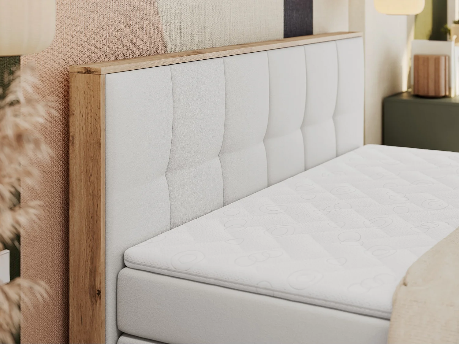 Boxspringbett ALBERO 1 KING - zwei 7 Härtezonen Multipocket-Matratzen, Doppelbett mit Stauraum, Eiche Wotan Holzrahmen - 140x200 cm - H3 - Weiß Kunstleder