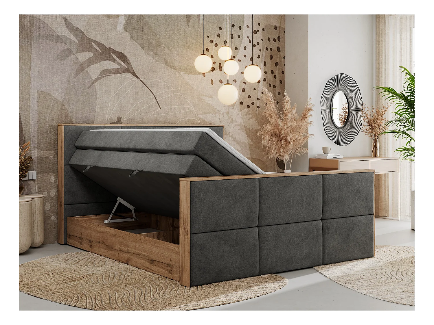 Boxspringbett ALBERO 2 KING DUO - Eiche Wotan Holzrahmen, zwei Multipocket-Matratzen, Bettkästen - 140x200 cm - H4 - Dunkelgrau Velvet