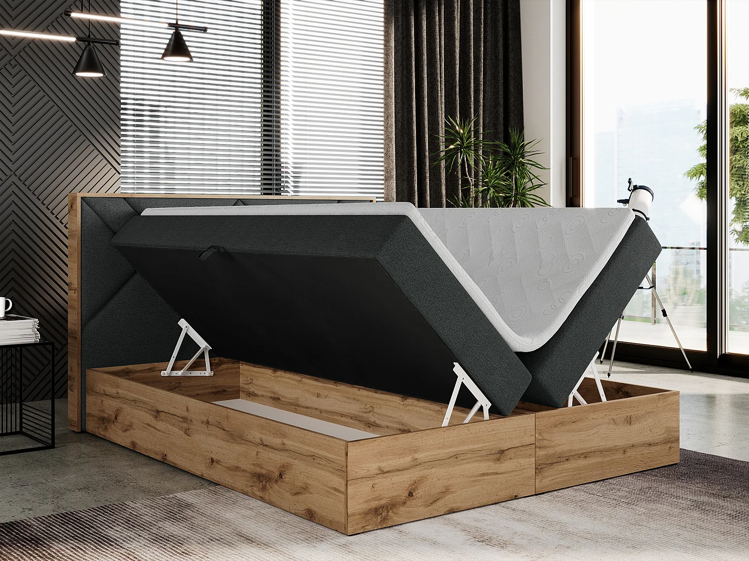 Boxspringbett GUNAR - gepolster kopfteil, Doppelbett mit Multipocket-Matratze, zwei Bettkästen - 200x200 cm - H3 - Dunkelgrau Strukture