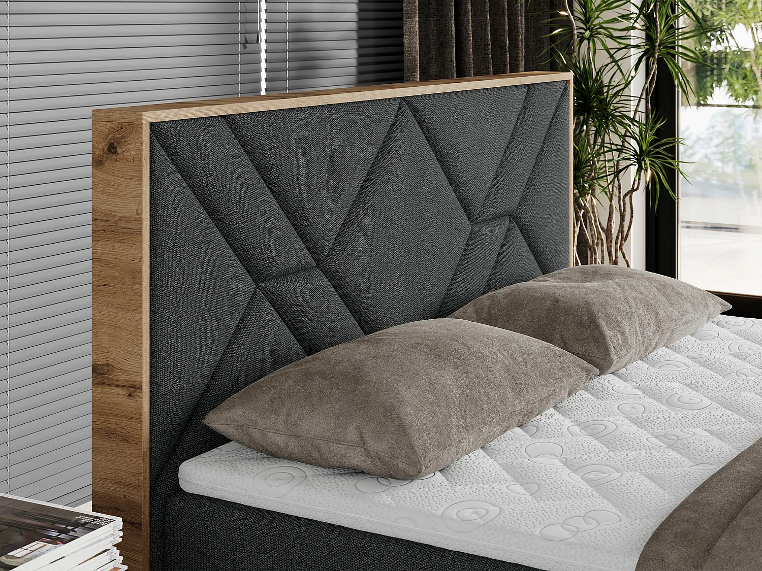 Boxspringbett GUNAR - gepolster kopfteil, Doppelbett mit Multipocket-Matratze, zwei Bettkästen - 200x200 cm - H3 - Dunkelgrau Strukture