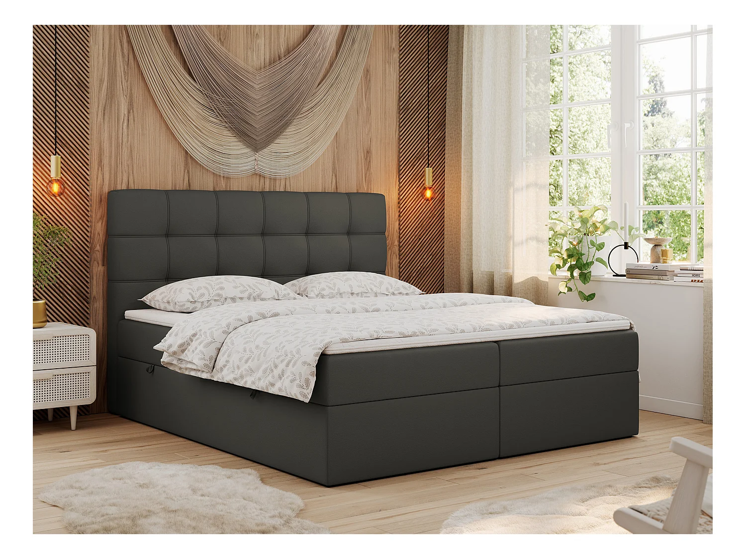 Boxspringbett ERNI - mit gestepptem Kopfteil, Polsterbett, Multipocket-Matratze und Topper, Bettkästen - 160x200 cm - H3 - Dunkelgrau Kunstleder