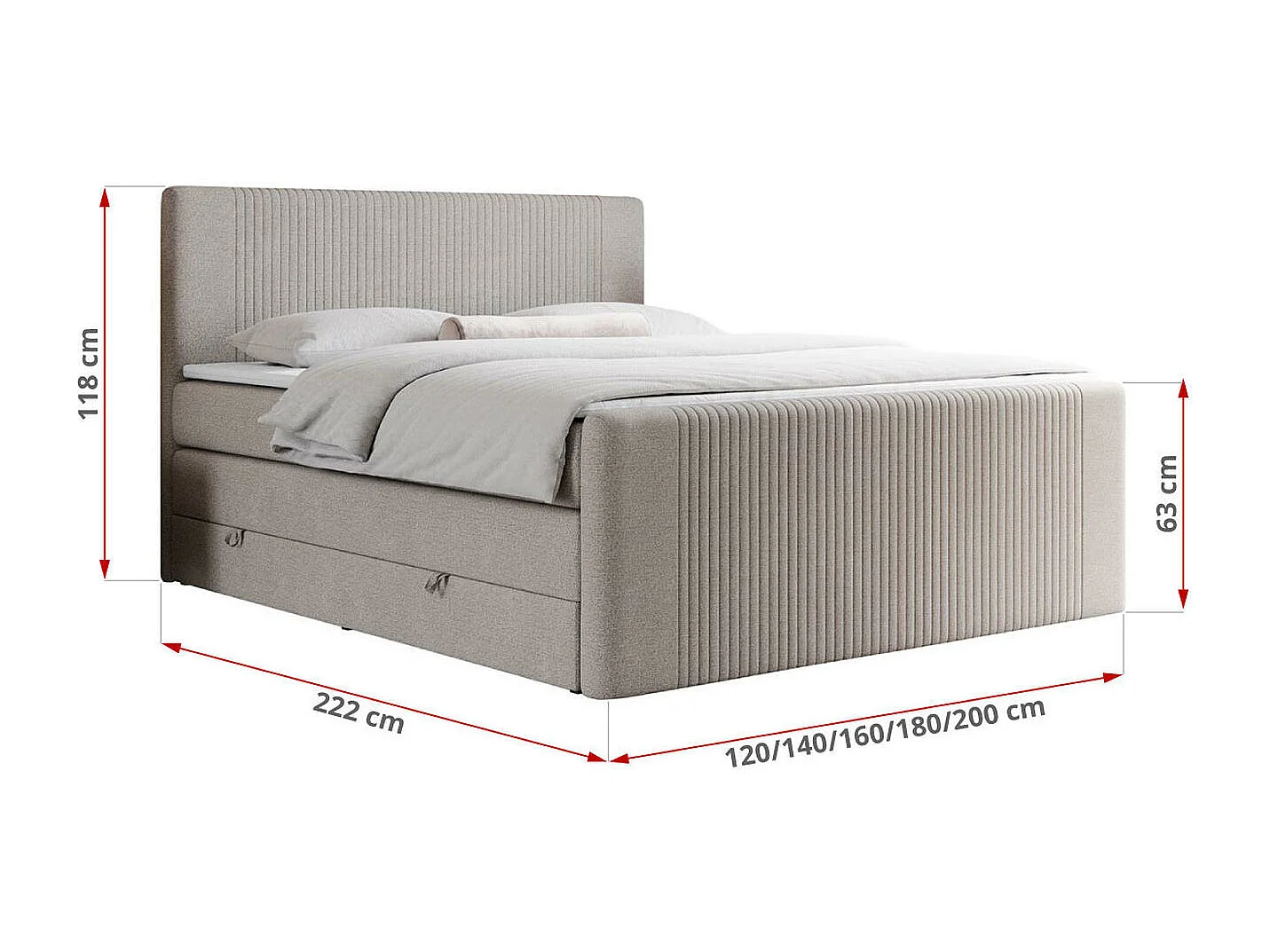 Boxspringbett DOREN KING - mit gesteppter Front und Kopfteil, zwei Multipocket-Matratzen und Topper, Doppelbett - 140x200 cm - H4 - Beige Strukture
