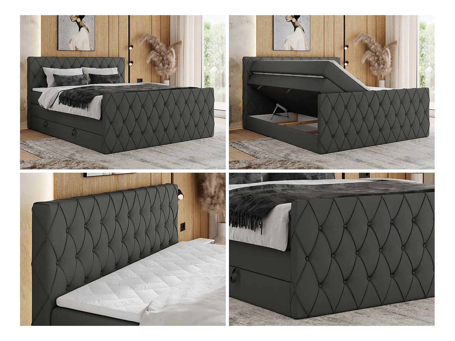 Boxspringbett MIREN KING DUO - für Schlafzimmer mit zwei Multipocket-Matratzen und Topper, gestepptes Kopfteil und Front  - 180x200 cm - H4 - Grau Kunstleder