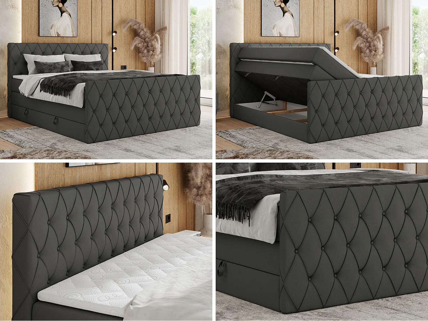Boxspringbett MIREN KING DUO - für Schlafzimmer mit zwei Multipocket-Matratzen und Topper, gestepptes Kopfteil und Front  - 180x200 cm - H4 - Grau Kunstleder