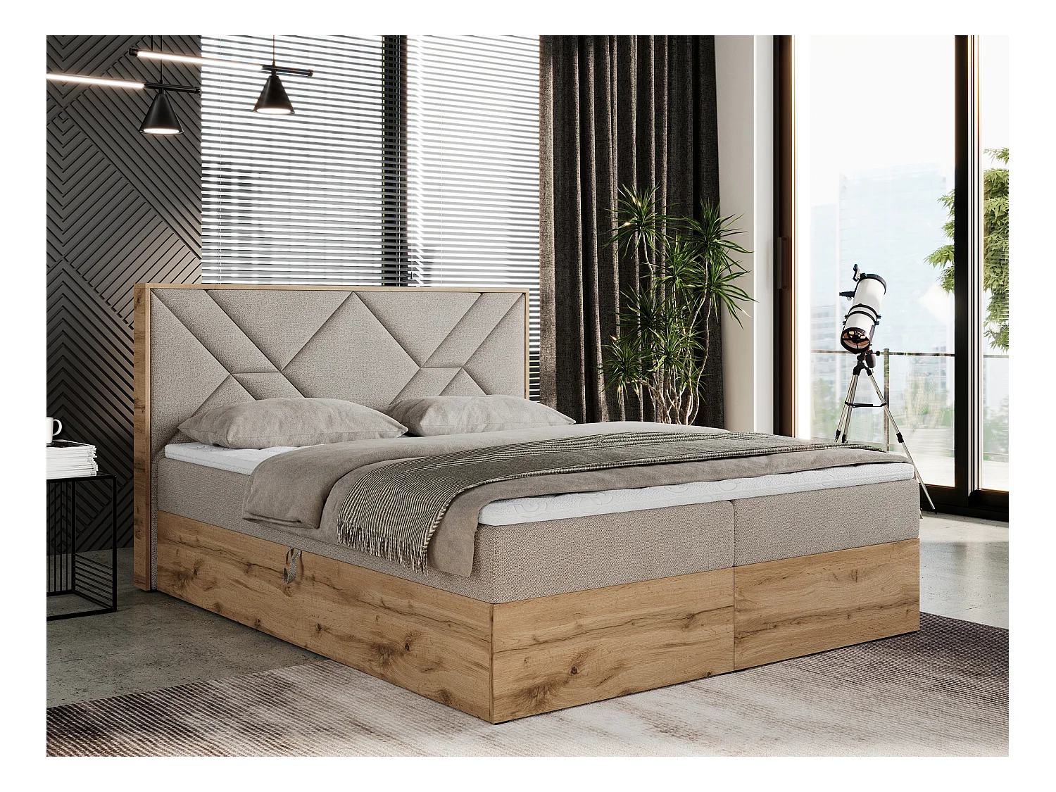 Boxspringbett GUNAR - gepolster kopfteil, Doppelbett mit Multipocket-Matratze, zwei Bettkästen - 180x200 cm - H4 - Beige Strukture