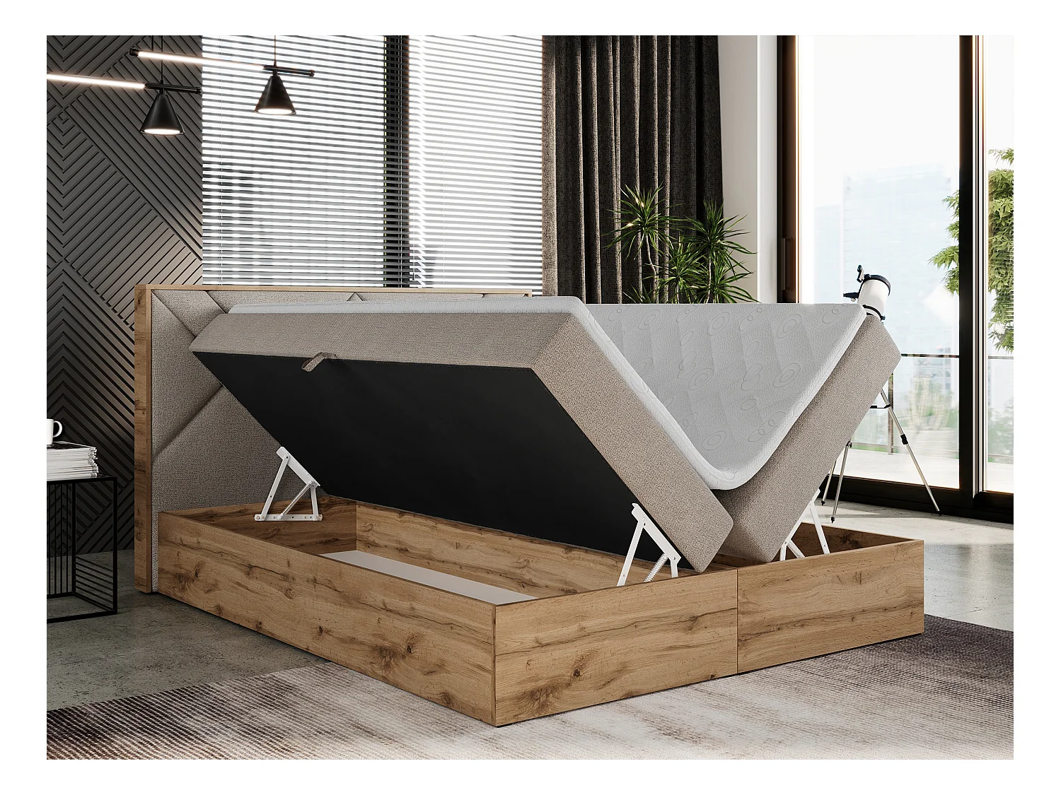 Boxspringbett GUNAR - gepolster kopfteil, Doppelbett mit Multipocket-Matratze, zwei Bettkästen - 180x200 cm - H4 - Beige Strukture
