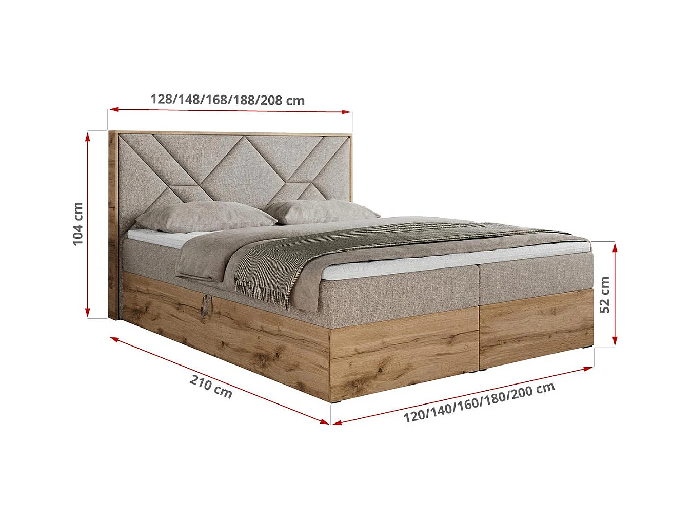 Boxspringbett GUNAR - gepolster kopfteil, Doppelbett mit Multipocket-Matratze, zwei Bettkästen - 180x200 cm - H4 - Beige Strukture